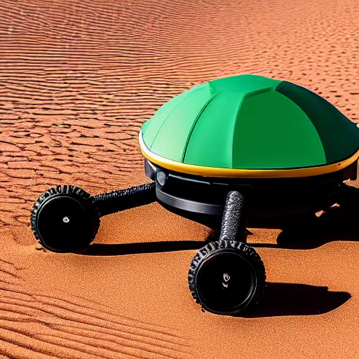 Prompt: turtle shaped peaceful mobile biomimetic rugged anemometer station sensor antenna on all terrain tank wheels, for monitoring the australian desert, XF IQ4, 150MP, 50mm, F1.4, ISO 200, 1/160s, dawn, golden ratio, rule of thirds