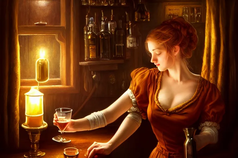 Prompt: a beautiful barmaid, dimly lit cozy tavern, relaxed pose, fantasy, intricate, elegant, dramatic lighting, emotionally evoking symbolic metaphor, highly detailed, lifelike, photorealistic, digital painting, artstation, concept art, smooth, sharp focus, illustration, art by John Collier and Albert Aublet and Krenz Cushart and Artem Demura and Alphonse Mucha, perfect facial symmetry