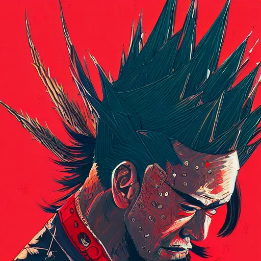 Image similar to portrait painting of a maori street samurai with spiky red hair, cyberpunk, glitchwave, sharp focus, award - winning, trending on artstation, masterpiece, art by josan gonzales and moebius