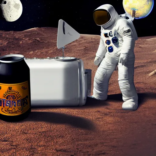 Image similar to a photo of a detailed, realistic, regular sized, sitting idle fender electric guitar next to a sitting idle beer can with an astronaut sitting down on the moon surface. detailed photo. realistic photo. cinematic. cinematic shot