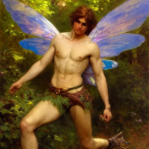 Image similar to attractive male fairy with wings in the forest, posing. highly detailed painting by gaston bussiere, craig mullins, j. c. leyendecker, 8 k