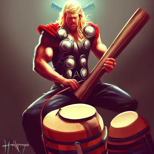 Image similar to thor playing the bongos, comic style by guweiz and stanley artgerm, extremely high quality artwork, very detailed, trending on artstation