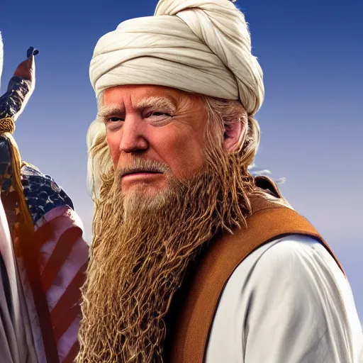 Image similar to 4 k portrait sony a 7 f 2. 8 of donald trump as a greek warrior fighting us president joe biden as a taliban leader