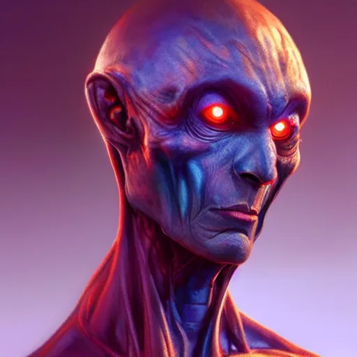 Prompt: Portrait of a tall blue alien, hairless, red glowing eyes, wearing a smooth and intricate biosuit, cinematic lighting, highly detailed, digital painting, artstation, concept art, smooth, sharp focus, illustration, art by Artgerm and Greg Rutkowski, Cgsociety