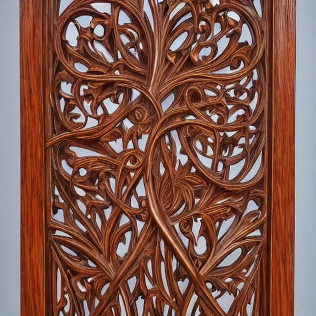 Image similar to a 3 d wooden mahogany art nouveau carved sculpture of a delicate tracery pattern, intricate and highly detailed, well - lit, ornate, realistic, polished with visible wood grain