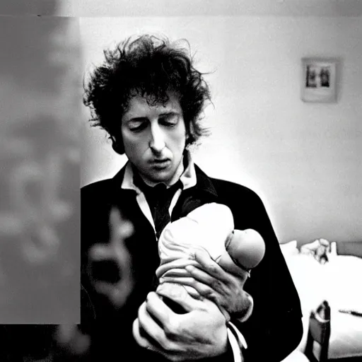 Image similar to bob dylan cradling the eraserhead baby like a baby, photograph, 1 9 6 5
