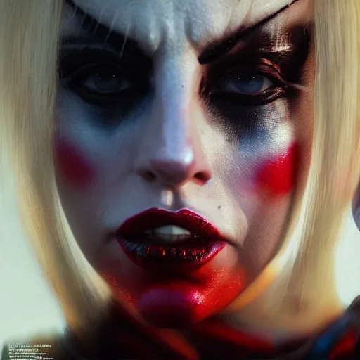 Image similar to a close up of lady Gaga as Harley Quinn by Greg Rutkowski, Sung Choi, Mitchell Mohrhauser, Maciej Kuciara, Johnson Ting, Maxim Verehin, Peter Konig, Zack Snyder, 8k photorealistic, cinematic lighting, HD, high details, dramatic, trending on artstation, full body shot