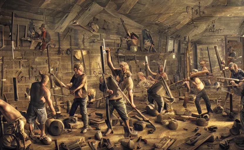 Prompt: a room full of men with their hammers a - bleedin ’, award - winning, extremely detailed, beautiful artwork,