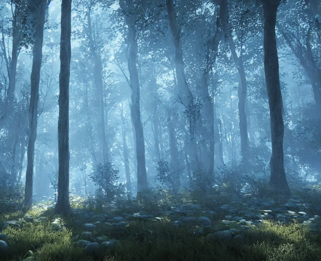 Image similar to blue forest, glowing, unreal engine 5, raytracing, shader, digital art, highly detailed, artstation, octane render