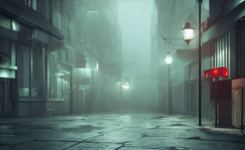 Prompt: night street with red light lamps, gloomy and foggy atmosphere, octane render, artstation trending, horror scene, highly detailded