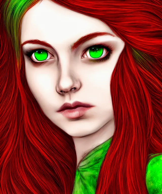 Prompt: Fae teenage girl, portrait, face, long red hair, green highlights, fantasy, intricate, elegant, highly detailed