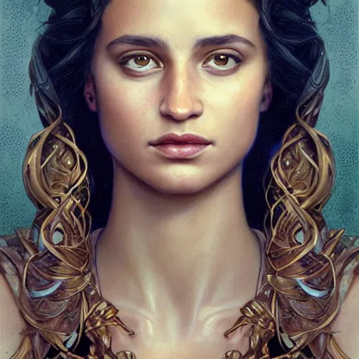 Image similar to portrait of Alicia Vikander as a greek goddess, marble statue, greek mythology, gold crown and filaments, intricate, headshot, highly detailed, digital painting, artstation, concept art, sharp focus, cinematic lighting, illustration, art by artgerm and greg rutkowski, alphonse mucha, cgsociety