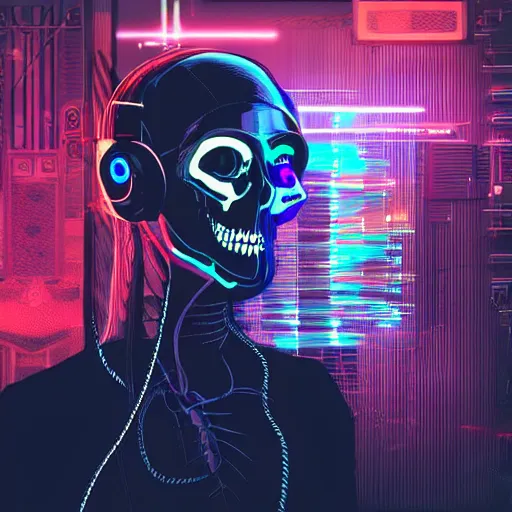 Prompt: cyberpunk skeleton with headphones playing synthesizer, smoke, lights, lasers, highly detailed, realistic,