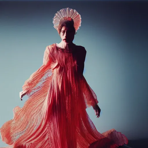 Image similar to Fashion photography of a woman wearing a dress inspired by a jellyfish, artistic photography, insanely detailed, chiaroscuro, cinestill 800t, Vogue magazine