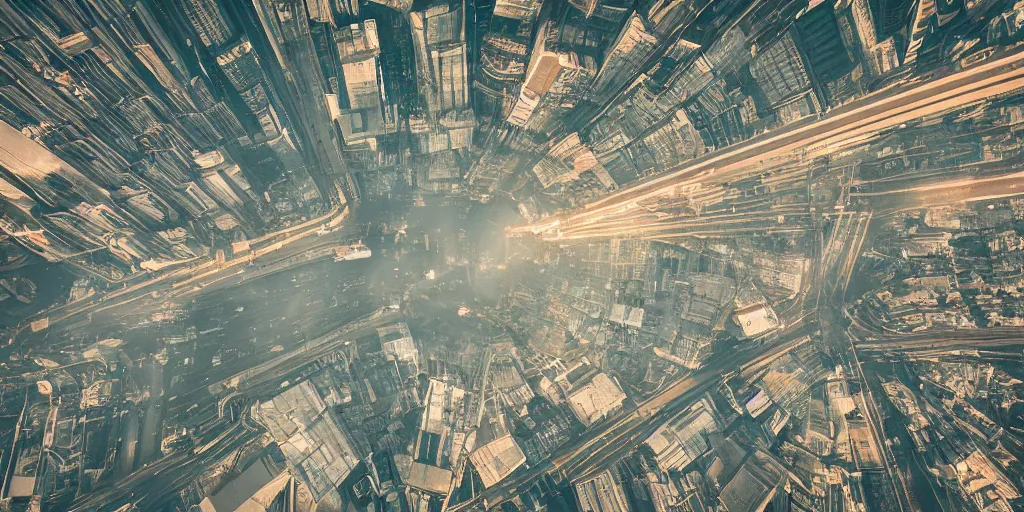 Image similar to cinematic street shot of a flying city saint petersburg on earth orbit, telephoto, anamorphic cinematography, beautiful composition, color theory, leading lines, photorealistic, moody volumetric lighting