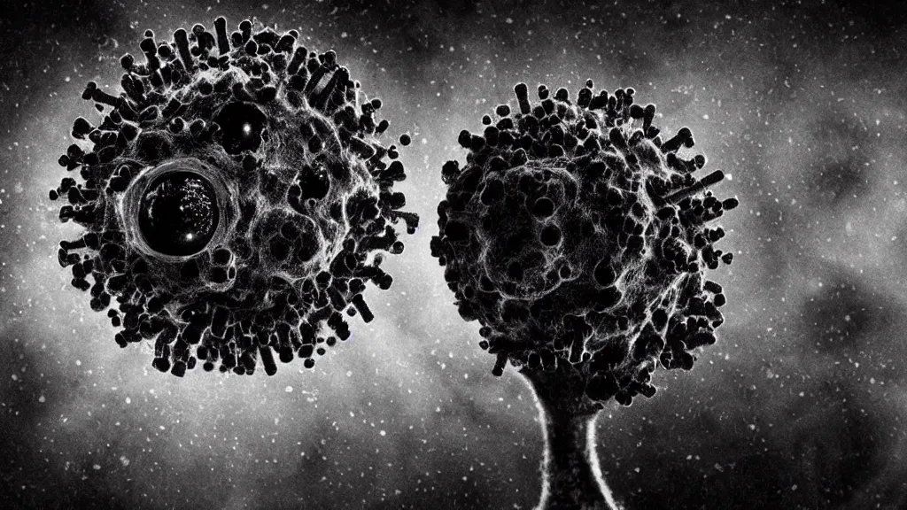 Prompt: beautiful microscope photo of a coronavirus through an electron microscope, dark, sinister, detailed, high contrast, art by Greg Rutkowski