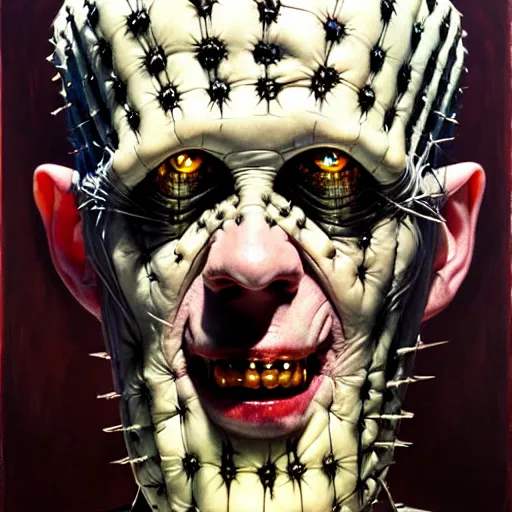 Image similar to portrait of pinhead from hellraiser. demonic cenobite. oil painting by lucian freud. path traced, highly detailed, high quality, j. c. leyendecker, drew struzan tomasz alen kopera, peter mohrbacher, donato giancola