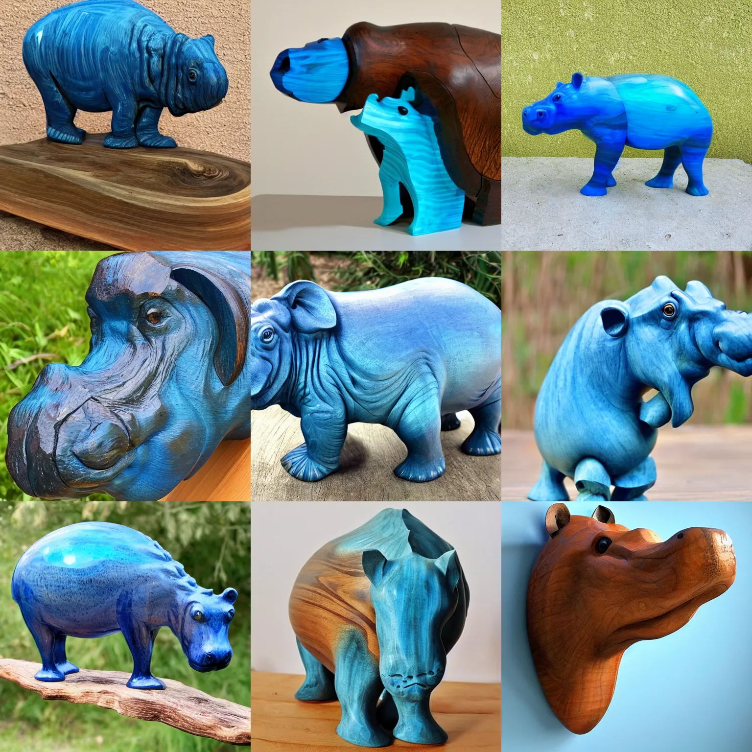 Prompt: hippopotamus, wood art, blue!!!! epoxy resin, sculpture, wood carving, wood sculpture, wood art, wooden decoration, hand made, wooden hippo