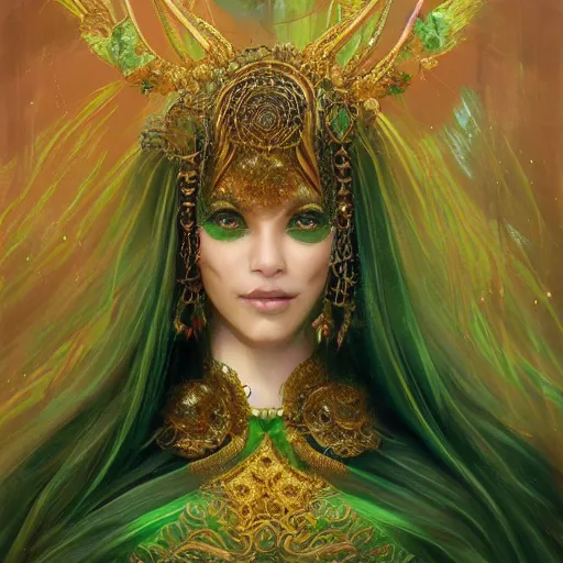 Prompt: a beautiful woman wearing a green kaftan made of silk with golden ornaments by Karol Bak, Ayami Kojima, Amano , concept art, character design, fantasy,3D, 8k resolution