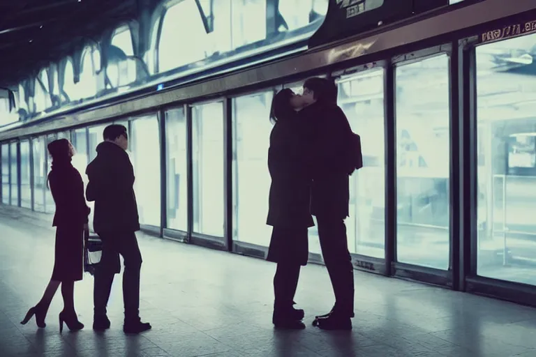 Prompt: vfx movie couple in a train station flat color profile low - key lighting cinematography atmospheric