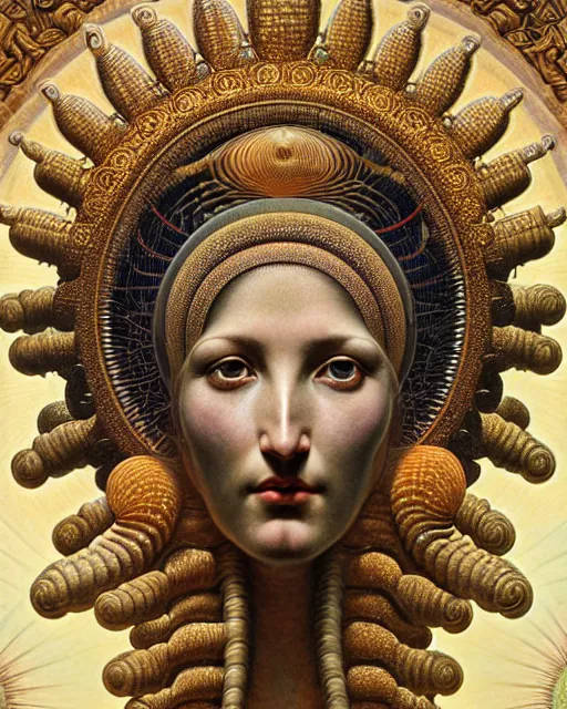 Image similar to hyperrealistic detailed face portrait of the beautiful goddess of the giant isopods with an intricate golden ornamental geometrical giant isopod headdress, art by ernst haeckel, john william godward, android jones, h. r. giger, gothic - cyberpunk, ornamental, dimmed pastel colours,