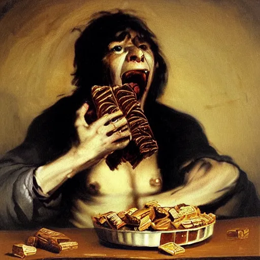 Image similar to saturn devouring a snickers chocolate bar, goya painting, in the style of goya and greg rutkowski, in the style of black paintings, 8 k, highly realistic