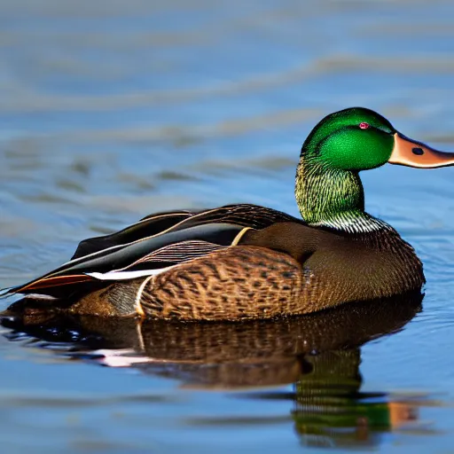 Prompt: photo of a mallard with a gold necklace