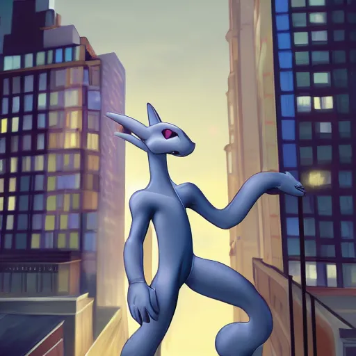 Prompt: A digital painting of Mewtwo floating above a city at night, wondering what life has in store for him