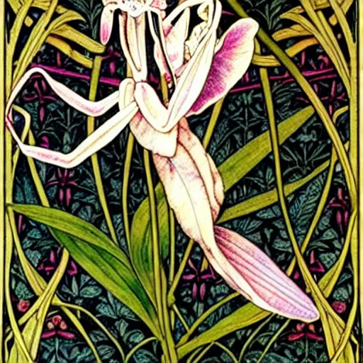 Image similar to orchid mantis by William Morris and Carlos Schwabe, horizontal symmetry, exquisite fine details, baroque ornamentation, Art Nouveau botanicals, deep rich moody colors