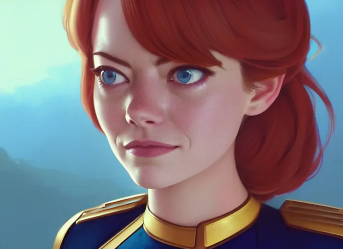 Image similar to a disney film still of emma stone as a star trek officer, finely detailed features, closeup of the face, perfect art, dusk, blue hour, gapmoe yandere grimdark, trending on pixiv fanbox, painted by greg rutkowski, makoto shinkai, takashi takeuchi, alphonse mucha, akihiko yoshida