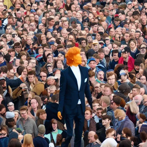 Prompt: a 7 0 foot tall ginger man walking among the crowd