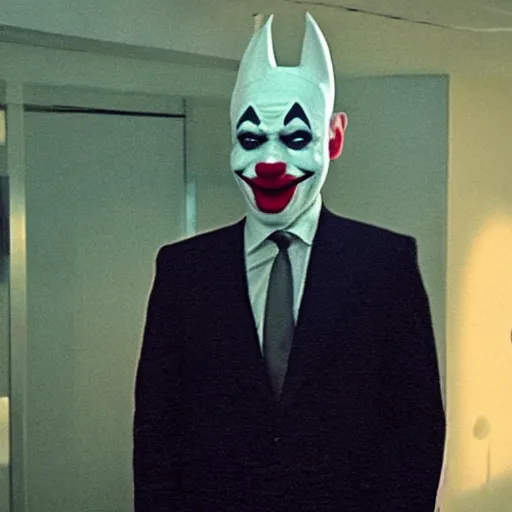 Image similar to blurry film still of a man wearing a suit and a latex mask of a clown from the dark knight's bank robbery scene