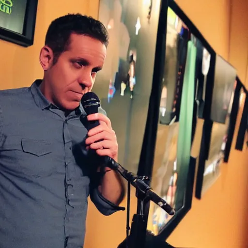 Prompt: iphone image of kristian harloff doing standup comedy