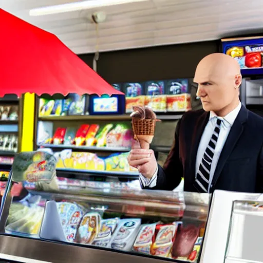 Prompt: photo of Agent 47 buying ice cream, realistic face, detailed face