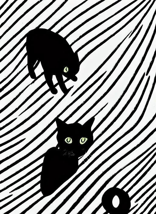 Image similar to op art picture of a cat on a roof looking at the moon