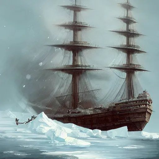 Prompt: a victorian era exploration frigate lost in the arctic in a snowstorm art by artgerm and Todd Shorr, featured on artstation