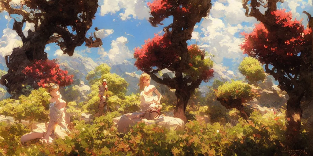 Prompt: cute anime landscape painting by gaston bussiere, craig mullins, j. c. leyendecker