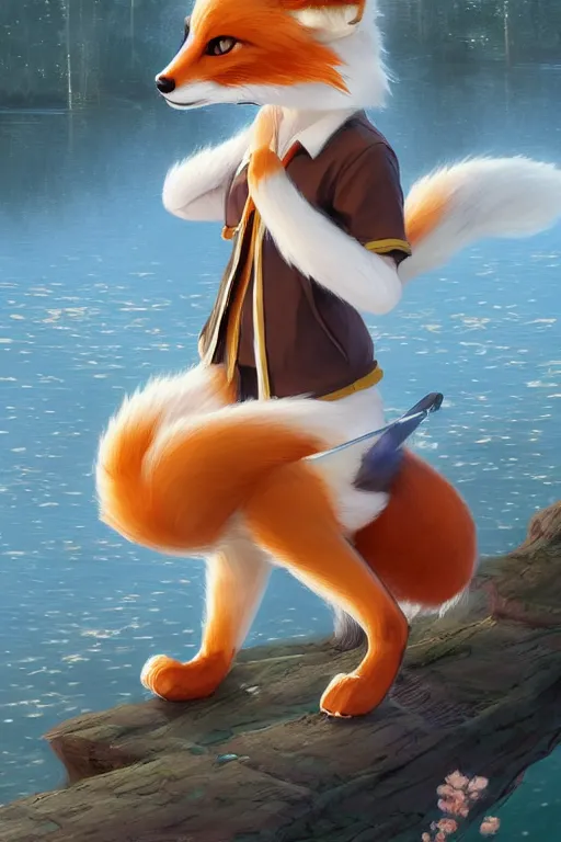 Image similar to an anthropomorphic fox girl wearing a japanese school outfit, fluffy tail, two pointed ears, beautiful lake background, illustration by greg rutkowski, thomas kindkade, loish, artstation, furaffinity, deviantart