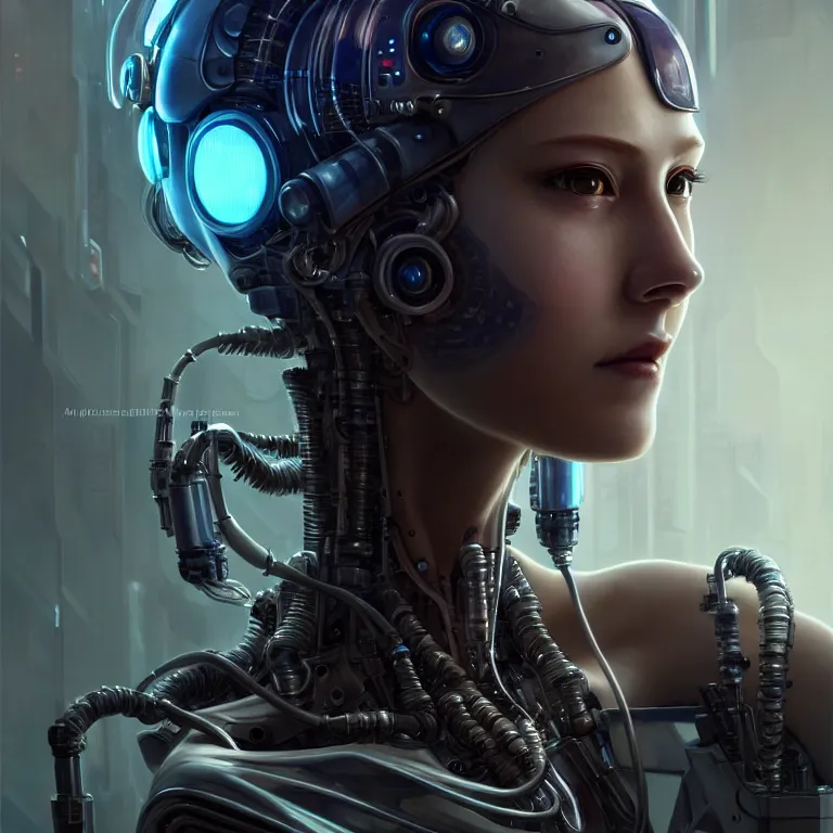 Image similar to ultra detailed, Mechanical Cyberpunk Female Android, looking into the camera!!, intricate, elegant, super highly detailed, professional digital painting, artstation, concept art, smooth, sharp focus, no blur, no dof, extreme illustration, Unreal Engine 5, Photorealism, 8k, cinematic, art by artgerm and greg rutkowski and alphonse mucha and loish and WLOP