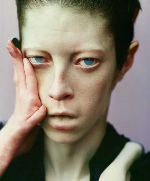 Image similar to a color photograph asia kate dillon, by nan goldin, intense, bold, exaggerated, overblown, hyperrealistic, ultra sharp, extra details, ultra high quality, trending on pinteresst