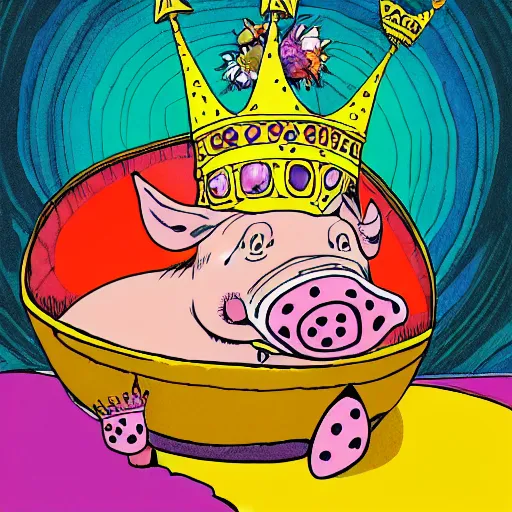 Image similar to trippy comic art of a pig wearing a gold crown eating out of an empty bowl, drawn by Martin Rowson, Tim Burton, Studio Ghibli, Alex Pardee, Nekro Petros Afshar, James McDermott, colors by lisa frank, unstirred paint, vivid color, cgsociety 4K