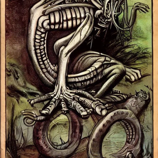 Image similar to one, two! one, two! and through and through the vorpal blade went snicker - snack! he left it dead, and with its head he went galumphing back | by lewis carroll and hp lovecraft with doctor seuss and hr giger