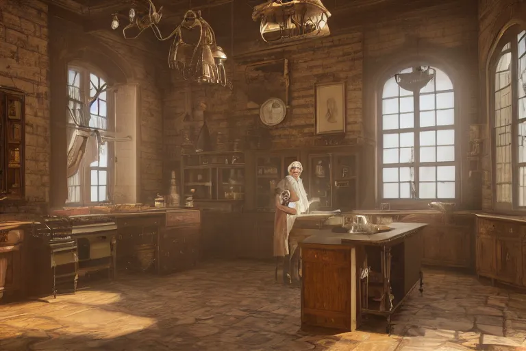 Image similar to [Benjamin Franklin is wearing an apron and cooking breakfast inside a steampunk kitchen], liminal space, high detail, rendered in unreal engine, 3d render, god rays, volumetric lighting, HDR, subsurface scatter, mansion, interior, large windows, rich house
