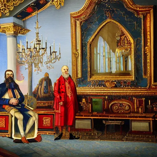 Prompt: 18th century historical painting representing Ivan the Terrible in his palace in Moscow with new car Tesla 3, oil painting style,