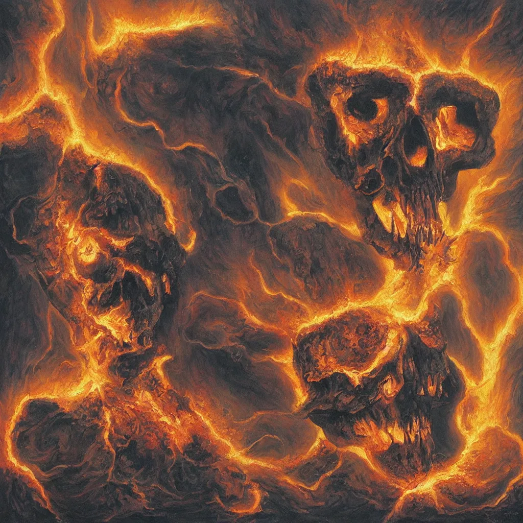 Image similar to an active supervolcano exploding with fire and thick smoke in the shape of a demonic skull by dan seagrave art