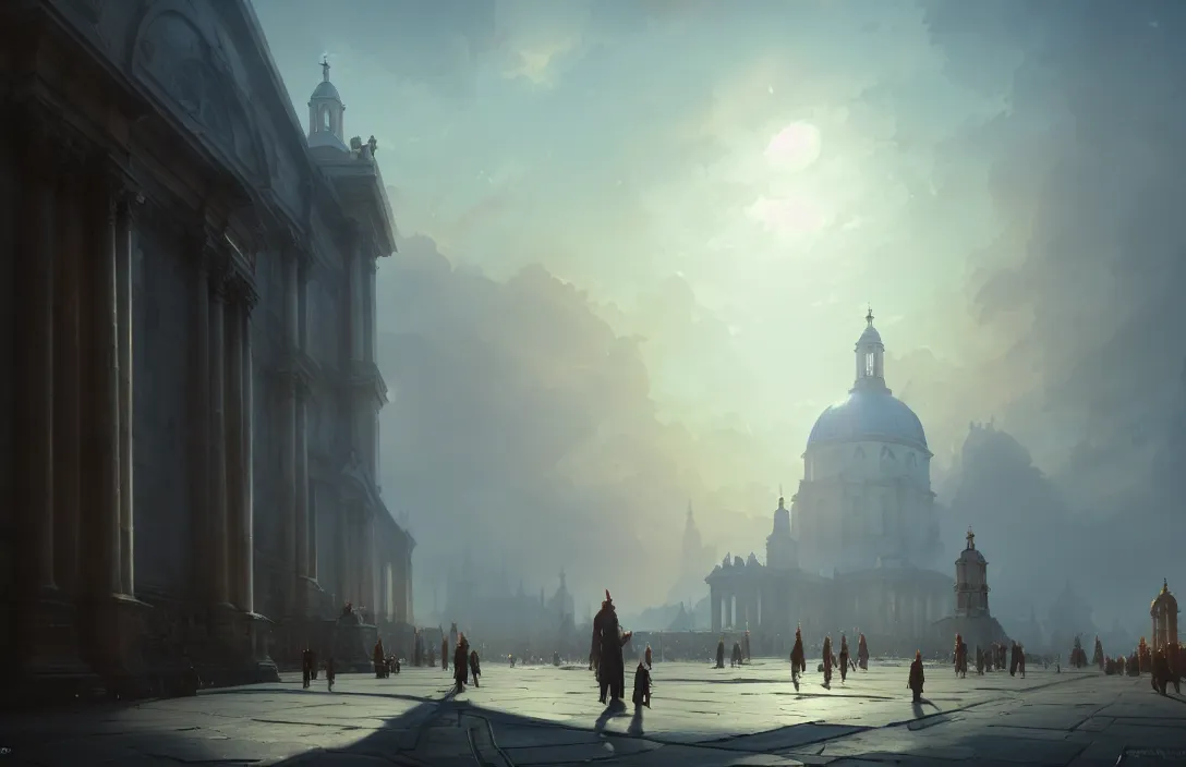 Image similar to royal naval college, people, blue sky, fantasy, concept art, low angle, highly detailed, warm lighting, volumetric, godrays, vivid, trending on artstation, by jordan grimmer, greg rutkowski