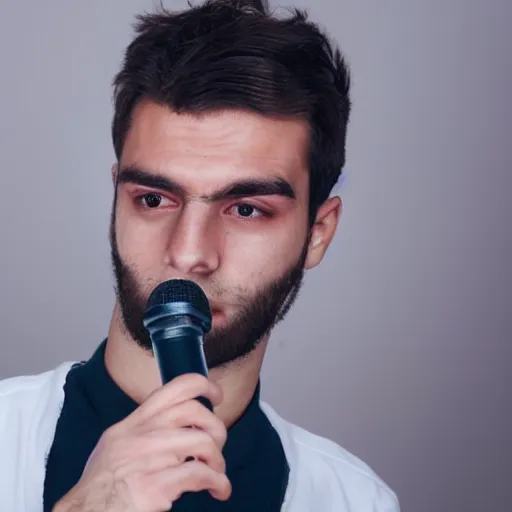 Image similar to handsome Portuguese-British male twitch streamer looking angrily at his expensive microphone which isn't working, high quality photo, 4k