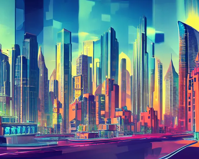 Prompt: A colorful photo of an art deco style of city, buildings made of glass and chrome, set in the future, concept art, 4k