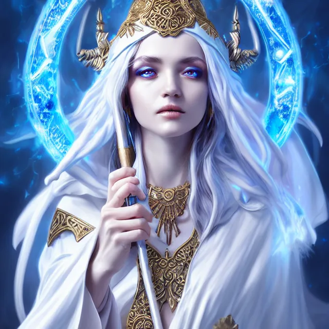 Prompt: beautiful elemental sky witch with ornate white and blue robes and staff, highly detailed, 4 k, hdr, smooth, sharp focus, high resolution, award - winning photo, artgerm, photorealistic