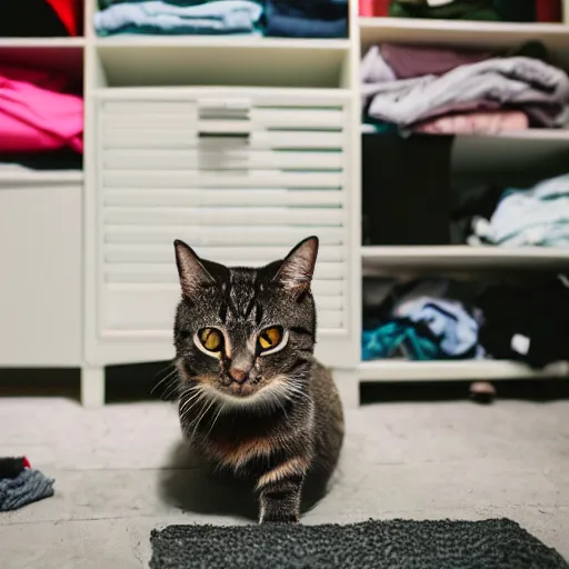 Image similar to a cat in a room full of clothes on the floor, detailed photo, Canon 5D, 50mm lens